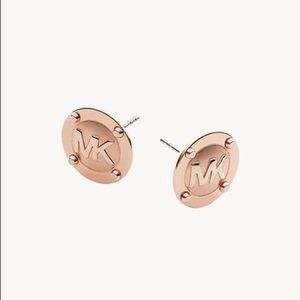 Michael Kors Brushed Rose Gold Tone MK Logo Disc Stud Earrings